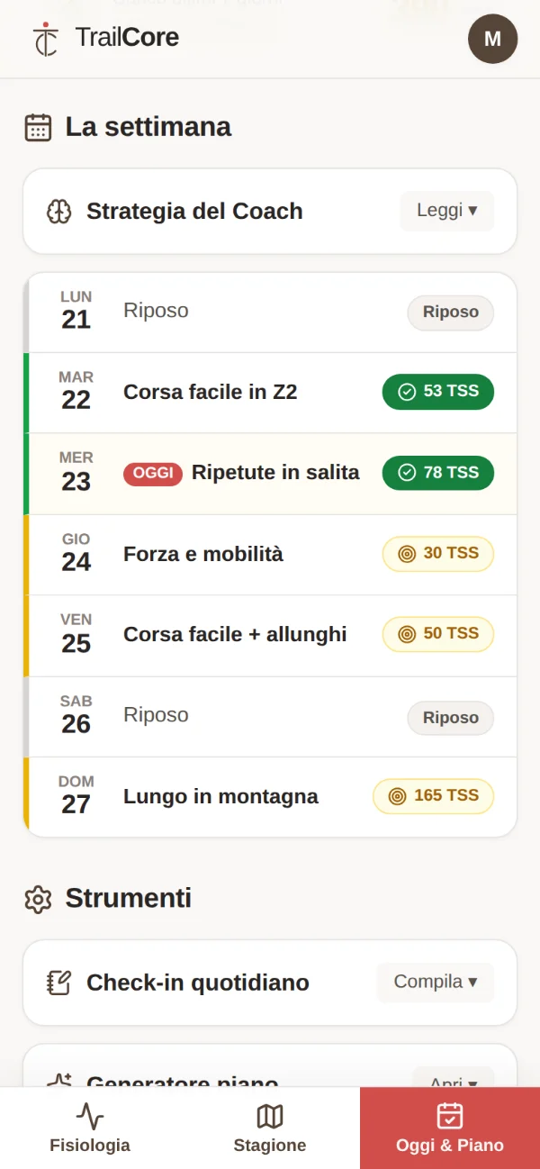 La settimana di allenamento in TrailCore: ogni giorno con la seduta prevista e il giudizio sul TSS svolto